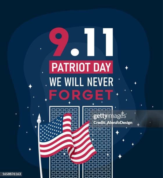 zwillingstürme, die wir nie vergessen werden. banner zum tag des amerikanischen patrioten. 9./11. september. - national 911 flag stock-grafiken, -clipart, -cartoons und -symbole