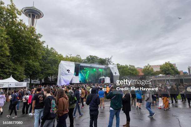 General view of atmosphere in the rain during the 50th Anniversary of the Bumbershoot Arts and Music Festival at Seattle Center on September 03, 2023...