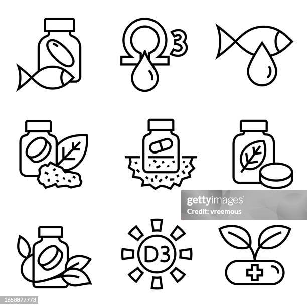 ilustrações de stock, clip art, desenhos animados e ícones de vitamins and nutritional supplements icons - vitamins and minerals