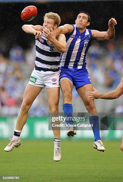 Josh Caddy of the Cats and Michael Firrito of the Kangaroos contest the ball during the round two AFL match between the Geelong Cats and the North...