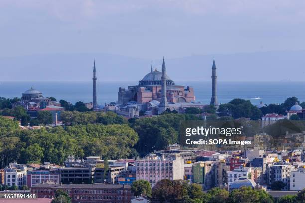 Hagia Sophia Mosque is seen from the Galata tower. Galata Tower is an old Genoese watchtower at the highest point of the lost Walls of Galata. Now,...