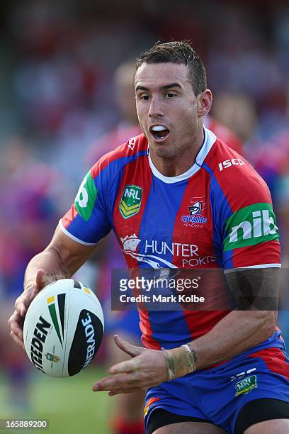Darius Boyd of the Knights passes during the round five NRL match between the St George Illawarra Dragons and the Newcastle Knights at WIN Jubilee...