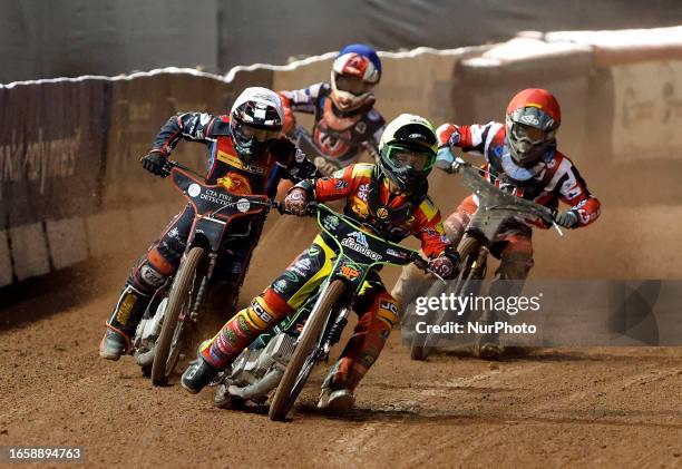 Max Perry of Leicester 'Watling JCB' Lion Cubs and Ben Morley of Leicester 'Watling JCB' Lion Cubs lead Sam McGurk of Belle Vue 'Cool Running' Colts...