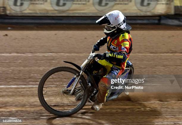 Joe Thompson of Leicester 'Watling JCB' Lion Cubs during the National Development League match between Belle Vue Aces and Leicester Lions at the...