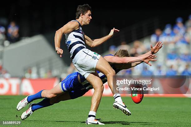 Andrew Mackie of the Cats kicks the ball away from Ryan Bastinac of the Kangaroos during the round two AFL match between the Geelong Cats and the...