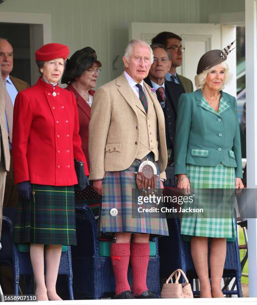 King Charles III, Queen Camilla and Princess Anne, Princess Royal attend The Braemar Gathering 2023 at The Princess Royal and Duke of Fife Memorial...