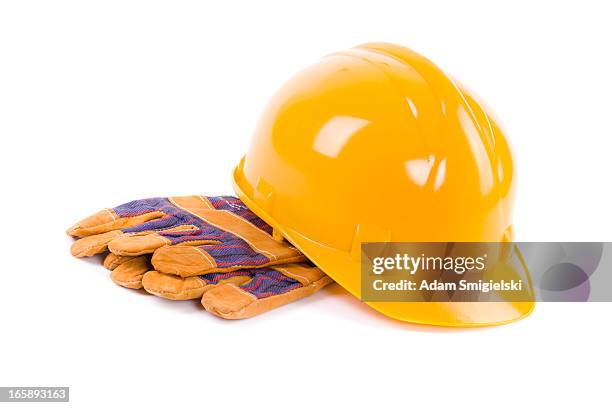 orange hard hat with protective gloves - hard hat white background stock pictures, royalty-free photos & images