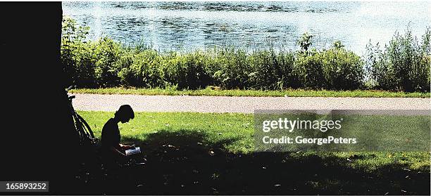 relaxing in a park - studying outside stock illustrations