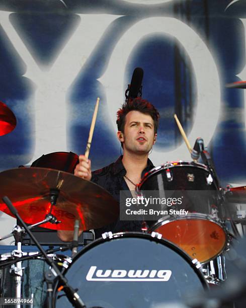 Drummer Chris Thompson of the Eli Young Band performs during the 48th Annual Academy Of Country Music Awards Party for a Cause Festival at the...