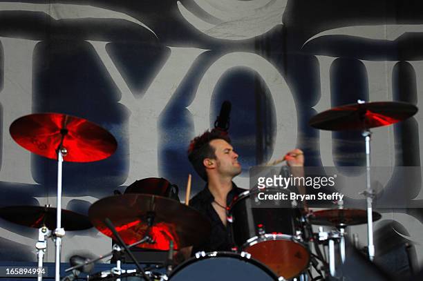 Drummer Chris Thompson of the Eli Young Band performs during the 48th Annual Academy Of Country Music Awards Party for a Cause Festival at the...
