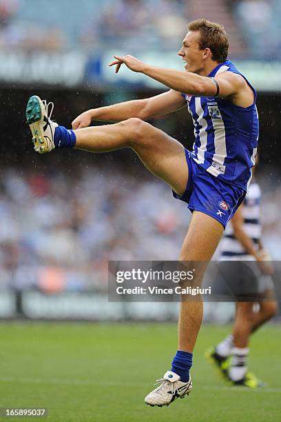 Drew Petrie of the Kangaroos kicks the ball during the round two AFL match between the Geelong Cats and the North Melbourne Kangaroos at Etihad...