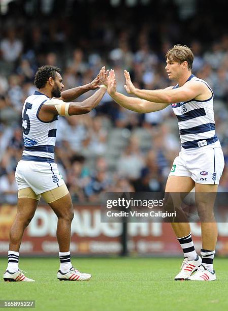 Travis Varcoe and Tom Hawkins of the Cats celebrate a goal during the round two AFL match between the Geelong Cats and the North Melbourne Kangaroos...