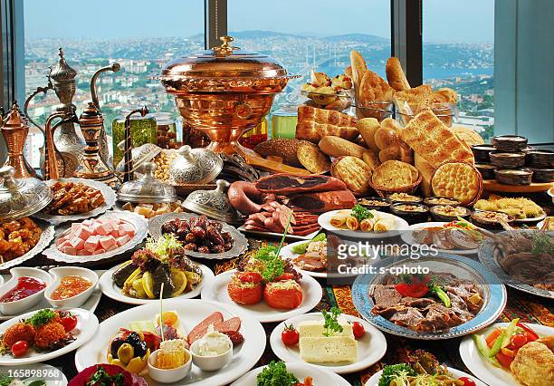 smorgasbord of traditional foods - istanbul restaurant stock pictures, royalty-free photos & images