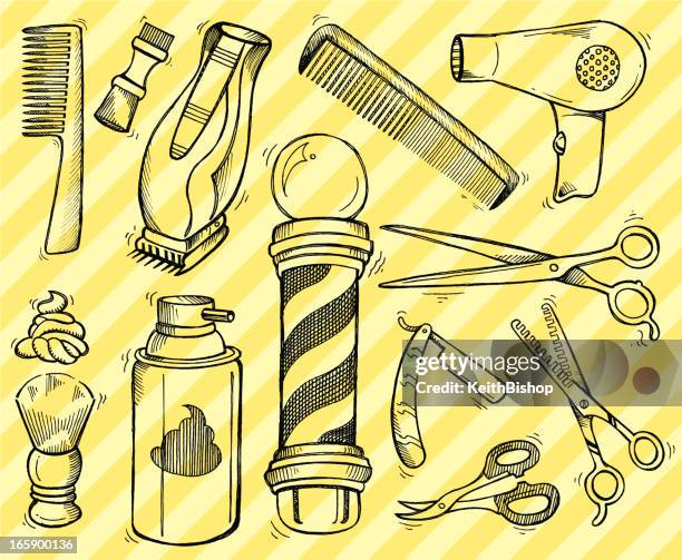 stockillustraties, clipart, cartoons en iconen met barber shop tools and equipment - doodles - kappersschaar