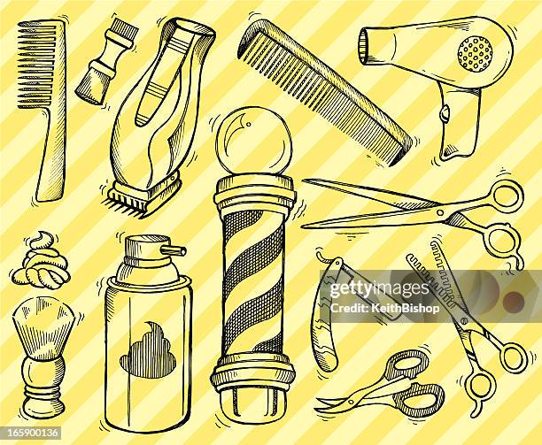 barber shop tools and equipment - doodles - shaving cream stock illustrations
