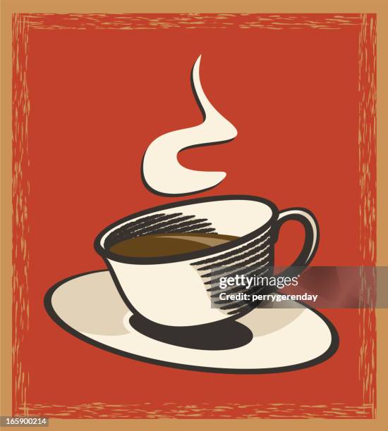 stockillustraties, clipart, cartoons en iconen met coffee cup and saucer vintage style sign - koffiekop