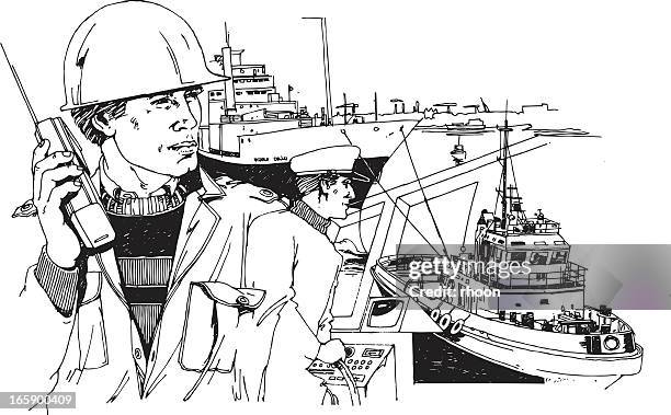 dock workers - pulled in two directions stock illustrations