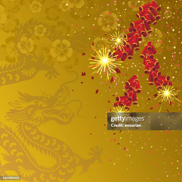 Chinese Dragon And Firecrackers Background, Stockfoto