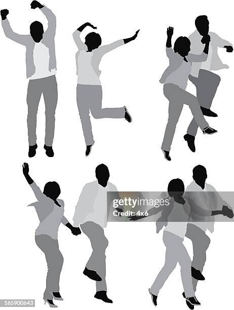 multiple images of a couple jumping - woman leaping silhouette stock illustrations