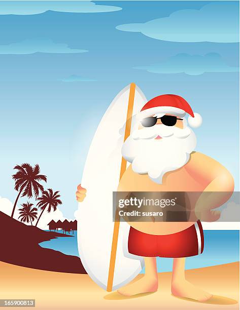 santa on vacation - surfing santa stock illustrations