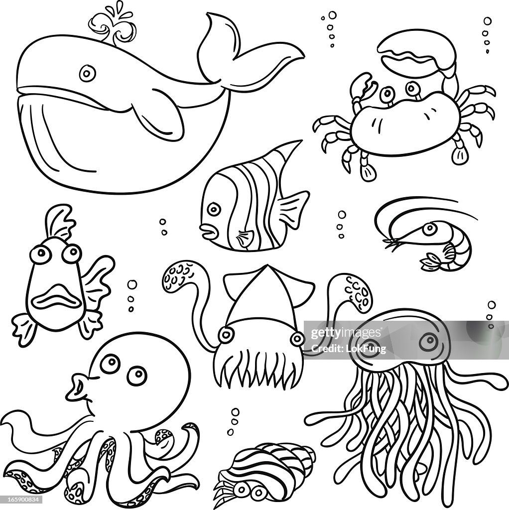 Desenhos animados de animais do mar em preto e branco