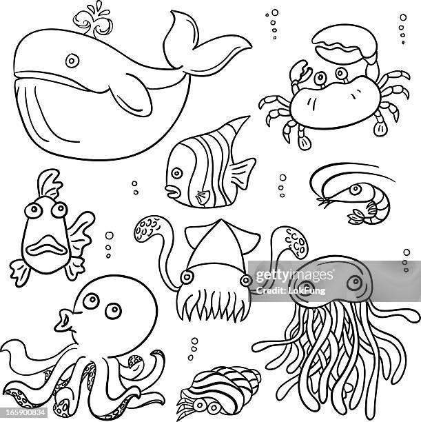 ilustrações, clipart, desenhos animados e ícones de desenhos animados de animais do mar em preto e branco - gamba – marisco