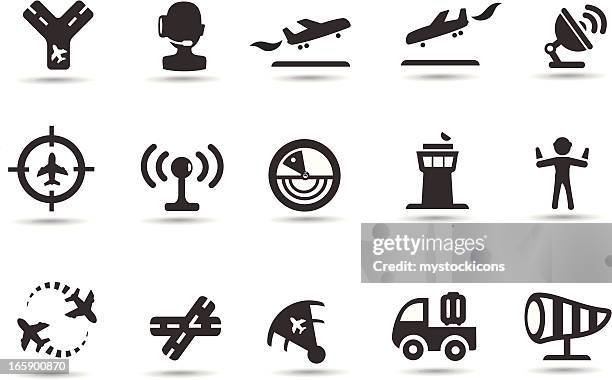 illustrazioni stock, clip art, cartoni animati e icone di tendenza di icone di controllo del traffico aereo - airport ground crew