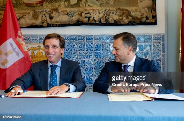 The mayor of Madrid, Jose Luis Martinez-Almeida and the mayor of Albacete, Manuel Serrano , during the signing of a tourism agreement, at the Royal...