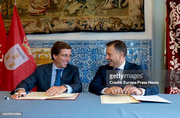 The mayor of Madrid, Jose Luis Martinez-Almeida and the mayor of Albacete, Manuel Serrano , during the signing of a tourism agreement, at the Royal...