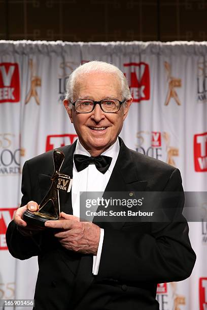 Journalist Brian Henderson poses in the awards room after being inducted into the Logie Hall of Fame at the 2013 Logie Awards at the Crown Palladium...