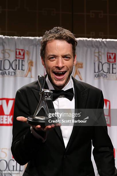 Hamish Blake poses in the awards room after winning the logie for Most Popular Presenter at the 2013 Logie Awards at the Crown Palladium on April 7,...