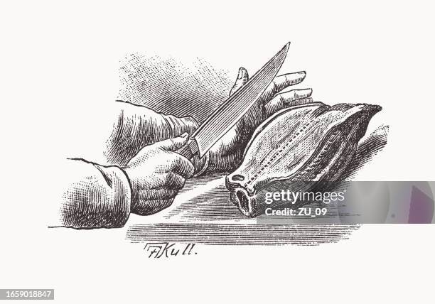 salad preparation, nostalgic scene from the past, woodcut, published 1898 - working at kitchen table stock illustrations