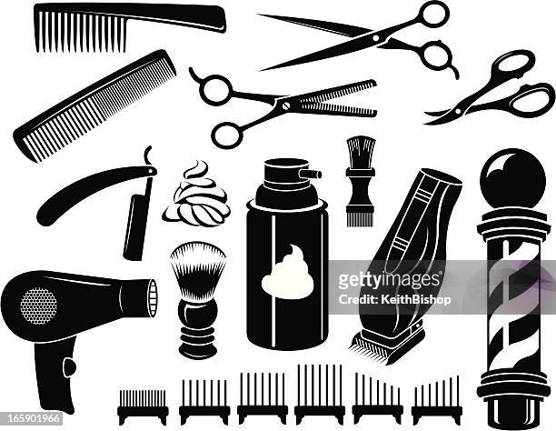 barber shop tools and equipment - scissors, comb - barber pole stock illustrations
