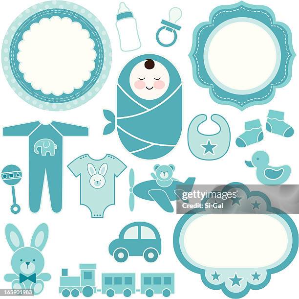 baby boy design set - baby rattle stock illustrations