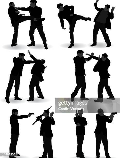 silhouette of various fighting skills between two people - punch stock illustrations