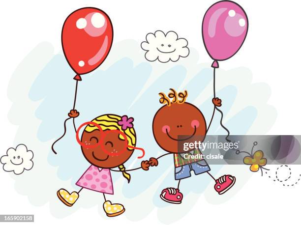 black couple flying with balloon - couple facing camera stock illustrations