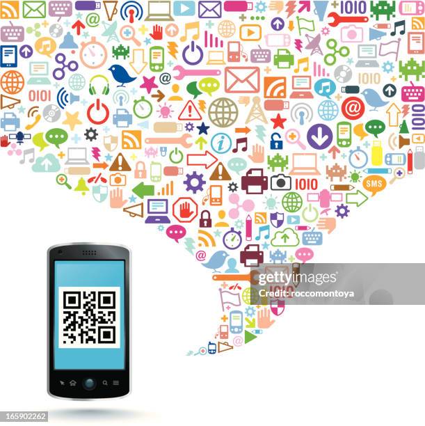 ilustraciones, imágenes clip art, dibujos animados e iconos de stock de cellphone con código qr iconos de burbujas - qr-code-scan-icon