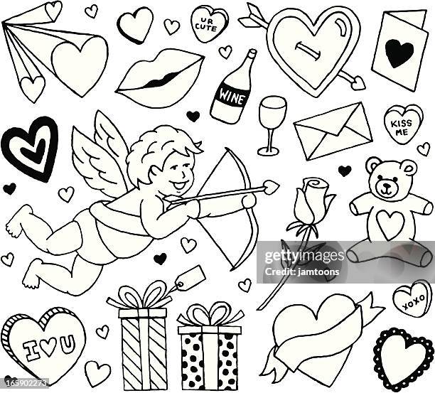 collection of plain black line valentine themed icons - single rose stock illustrations