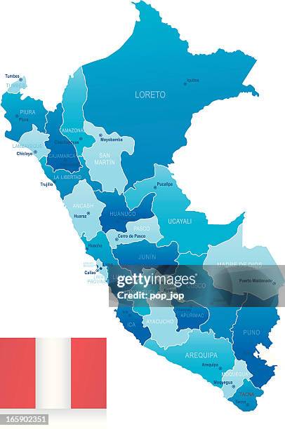 map of peru - states, cities and flag - puno region stock illustrations