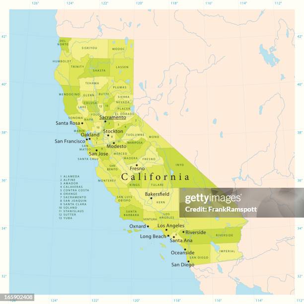illustrazioni stock, clip art, cartoni animati e icone di tendenza di mappa vettoriale della california - grande bacino degli stati uniti occidentali