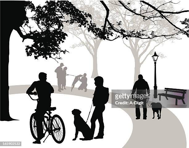 parks'n dogs vector silhouette - park bench stock illustrations
