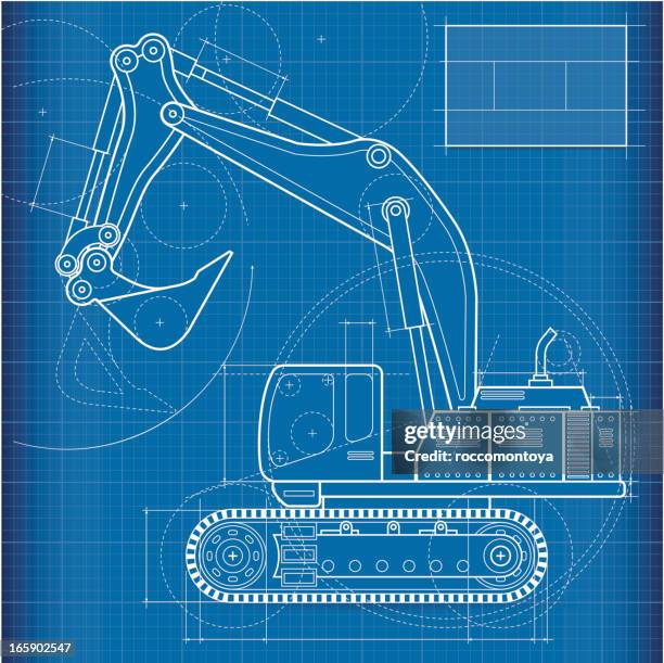 ilustraciones, imágenes clip art, dibujos animados e iconos de stock de cianotipo, excavator - cianotipo plano