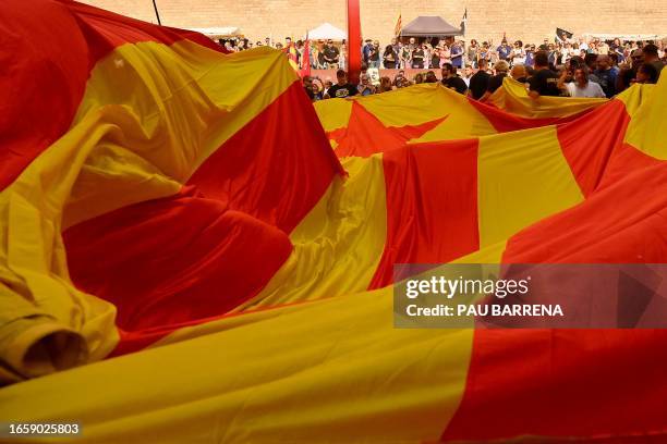 Members of FC Barcelona suporters group Dracs 1991 hold a Catalan pro-independence "Estelada" flag during the "Diada", the national day of Catalonia,...