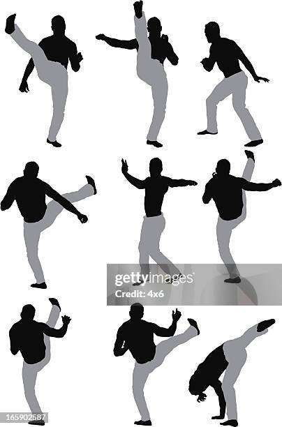 multiple images of a muscular man in action - capoeira stock illustrations