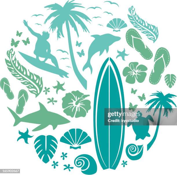 ilustraciones, imágenes clip art, dibujos animados e iconos de stock de surf y la composición de la playa - surf beach