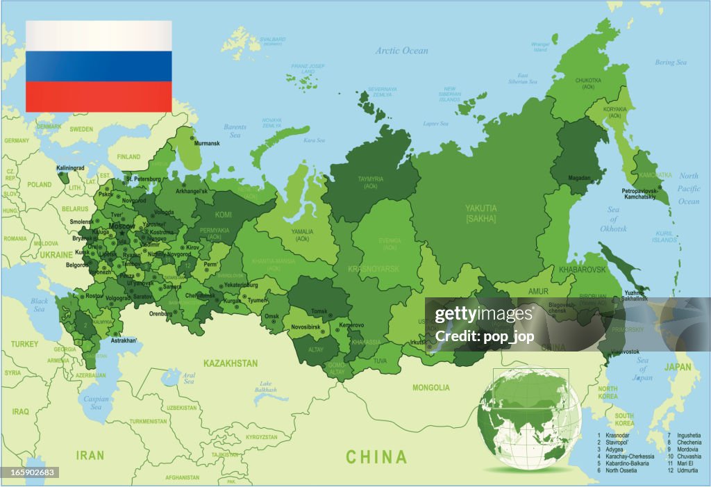 Russia - green highly detailed map