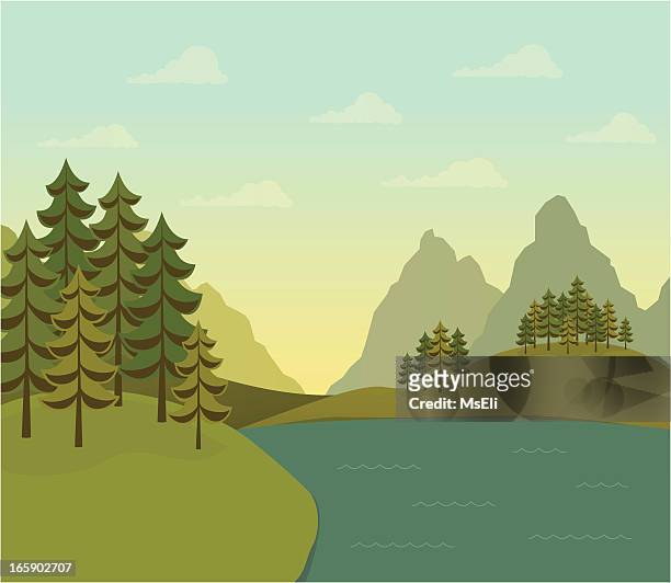 Landscape of evergreen trees with lake and mountains