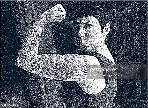 woman flexing muscle - full arm tattoo stock illustrations
