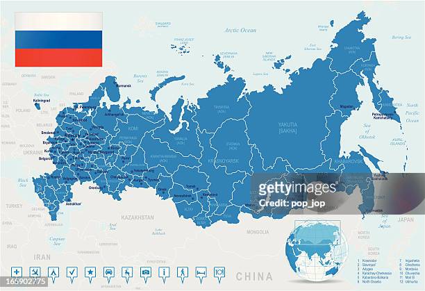 karte von russland-staaten, städte, flagge, navigation symbole - russia map stock-grafiken, -clipart, -cartoons und -symbole