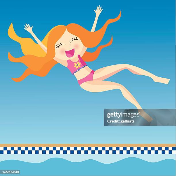 illustrazioni stock, clip art, cartoni animati e icone di tendenza di ragazza salto in piscina - piscina pubblica all'aperto